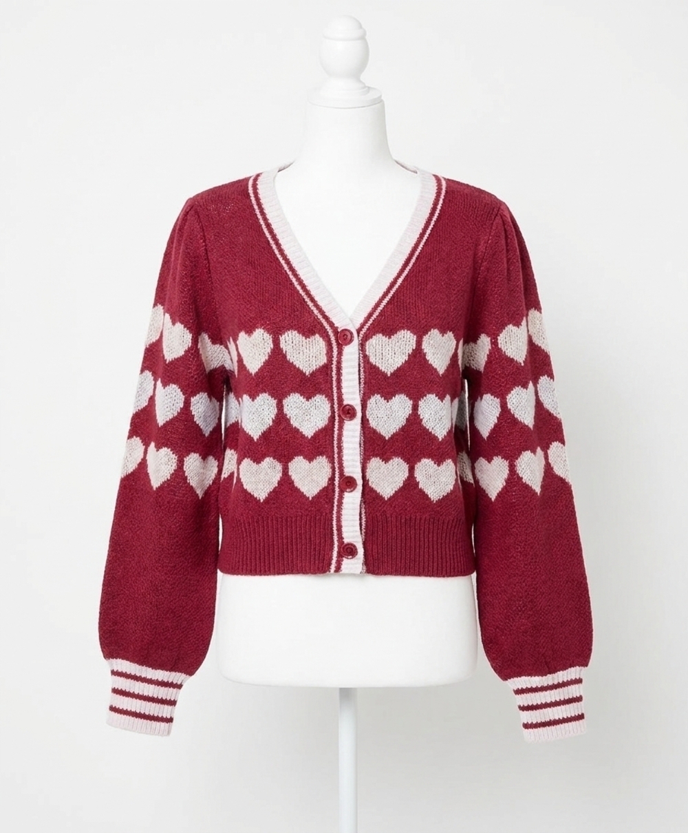 NEW &MERCI heart button-front cardigan in burgundy lavender combo
